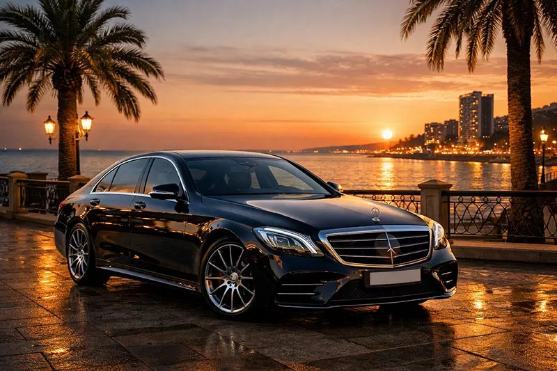 Luxurious car rental in Sochi Mercedes at sunset