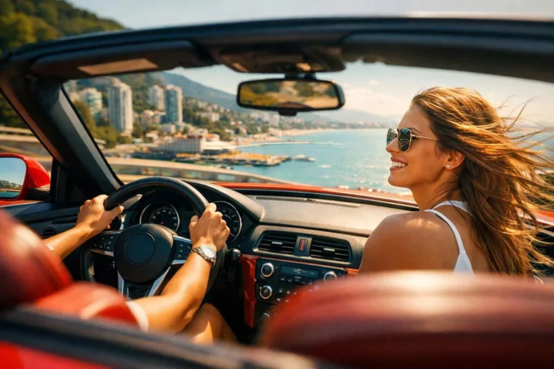 Счастливая пара за рулем кабриолета